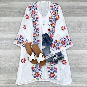 Flower Embroidered Kimono ELSA Bohemian Summer Kimono with Beach Cover Boho Clothing Swim cover cardigan kimono jacket women clothing