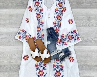 Flower Embroidered Kimono ELSA Bohemian Summer Kimono with Beach Cover Boho Clothing Swim cover cardigan kimono jacket women clothing