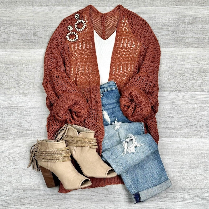 Crochet Bohemian Netted Cardigan Lightweight comfy oversize cardigan rust