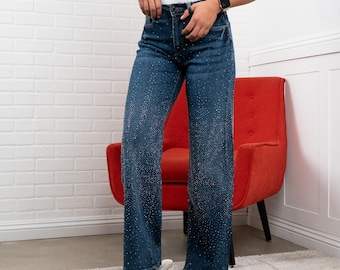 Crystal High Waisted Sparkle Jeans – Rhinestone Denim Must-Have