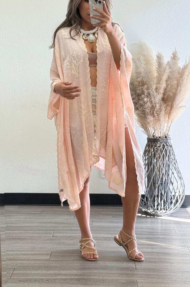 Boho Seashell Kimono Beach Cover Up – Embroidered Summer Cardigan, Resort Wear, Tropical Vacation Outfit image 12