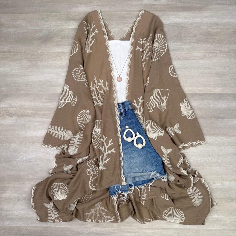 Boho Seashell Kimono Beach Cover Up – Embroidered Summer Cardigan, Resort Wear, Tropical Vacation Outfit mocha