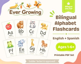 Bilingual Alphabet Flashcards Printable | English Spanish ABC Cards | Watercolor Montessori Toddler Cards | Preschool Homeschool PDF