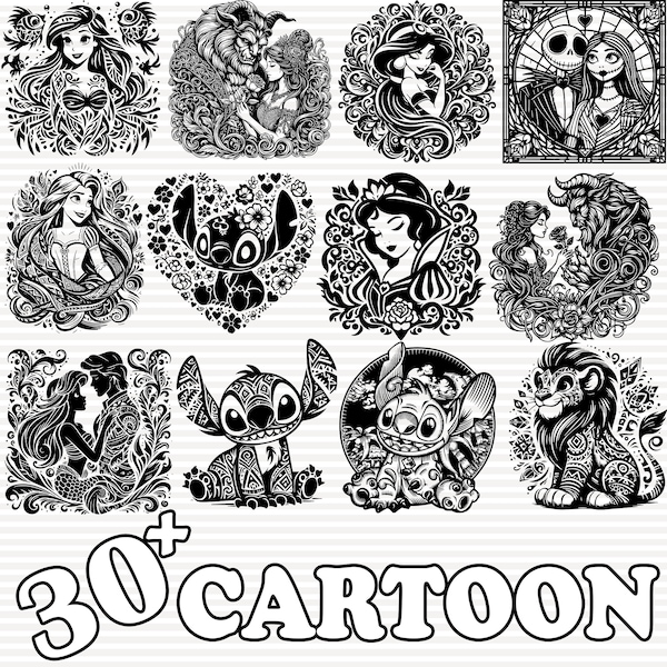 30+ Cartoon Characters Svg Bundle, Princess Cartoon Svg, Intricate Weeding Svg, Enchanted Rose Svg, Gift For Her Svg, Digital File