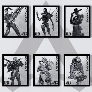 May include: Six black and white digital illustrations of characters from the video game Apex Legends. Each illustration features a different character with their name and the game logo.