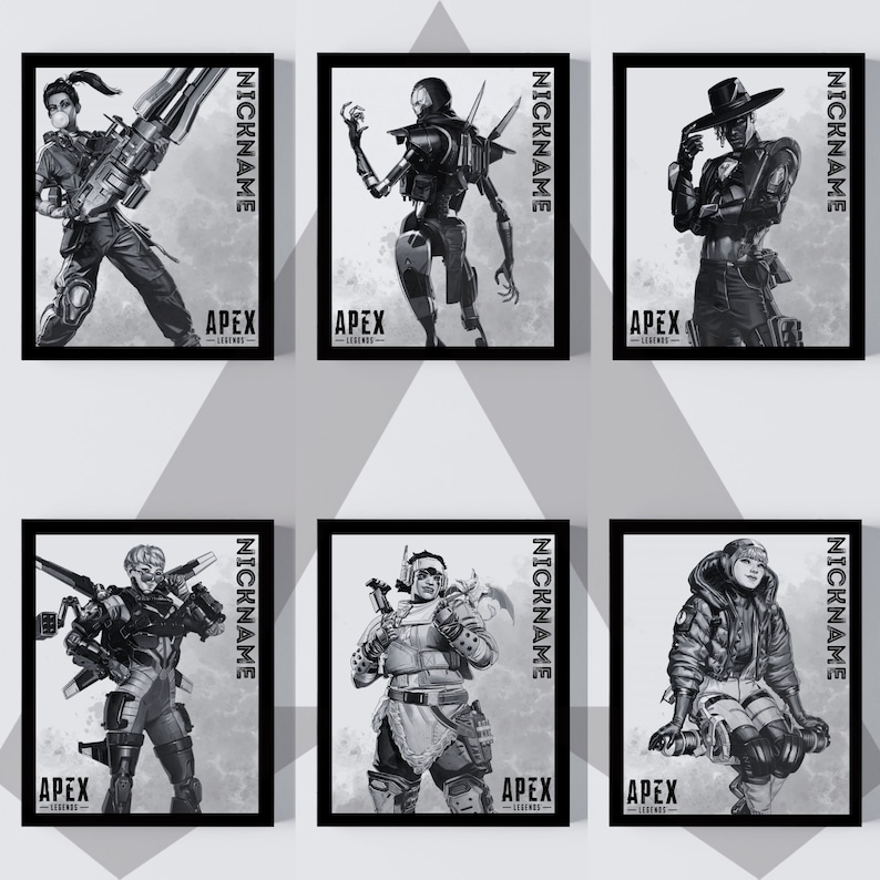 May include: Six black and white digital illustrations of characters from the video game Apex Legends. Each illustration features a different character with their name and the game logo.