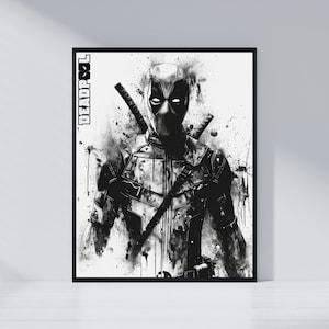 Könnte beinhalten: Schwarzweiß-Illustration von Deadpool, einem Superhelden, mit einem Spritzereffekt. Das Bild enthält den Text "DEADPOOL" in der oberen linken Ecke.