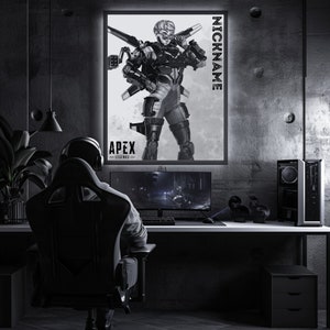 May include: A black and white poster featuring a character from the video game Apex Legends. The character is a woman wearing a futuristic suit and holding a weapon. The poster has the text "Apex Legends" and "NICKNAME" on it.