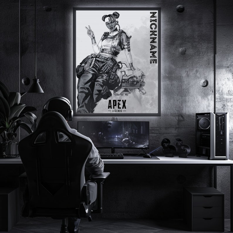 May include: A black and white illustration of a video game character from Apex Legends. The character is a woman with a gun and a robotic arm. The illustration is on a poster with the text "NICKNAME" and "APEX LEGENDS".
