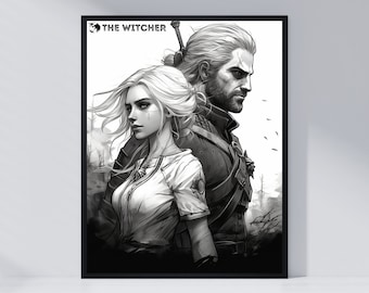 Póster de The Witcher: Geralt y Ciri, decoración de videojuegos en blanco y negro (descarga digital)