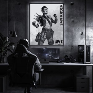May include: A black and white illustration of a video game character from Apex Legends. The character is a woman with short, spiky hair and is wearing a leather jacket and trousers. The illustration is framed and hanging on a wall.