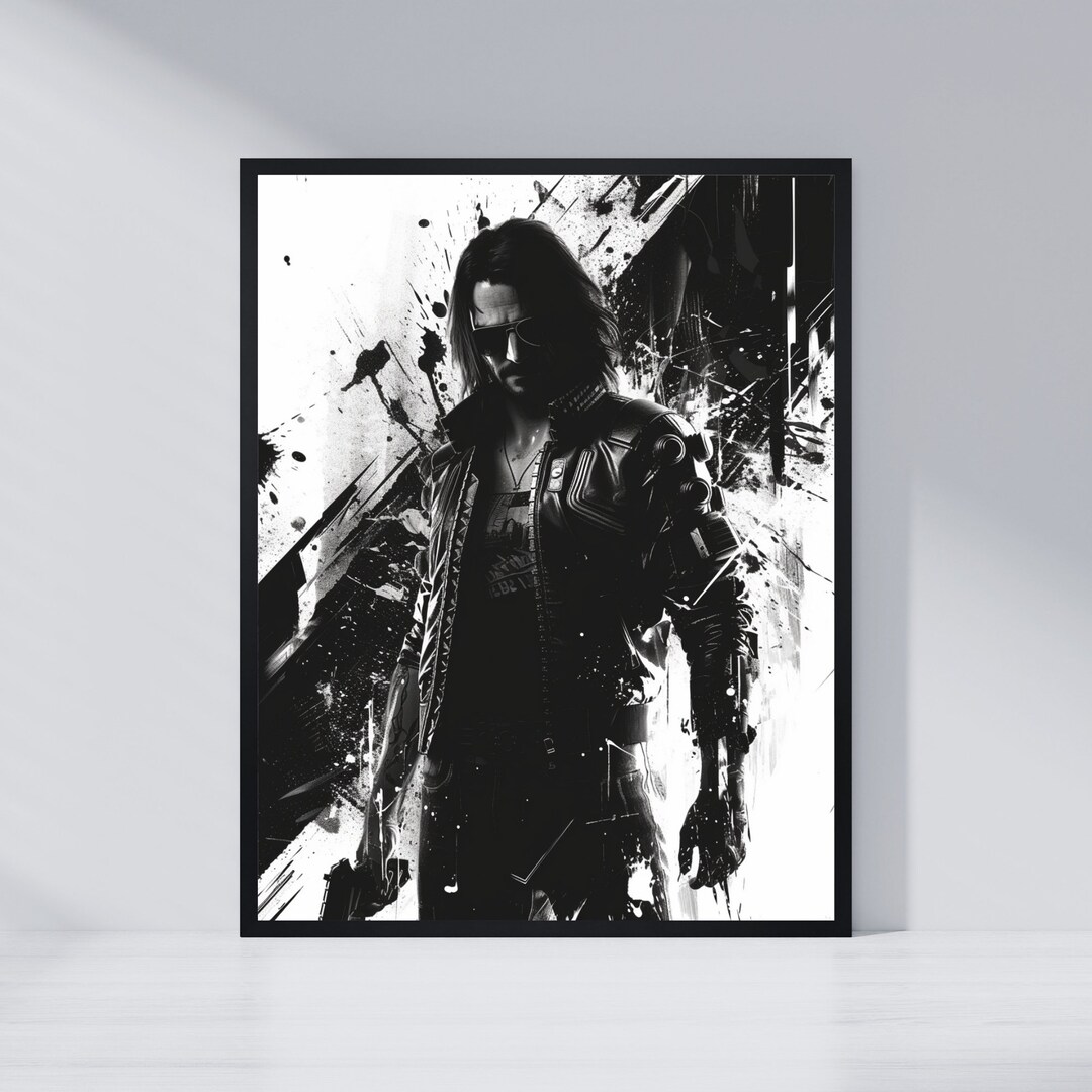 Johnny Silverhand Cyberpunk 2077 Poster Black & White Gaming Room Art — free download