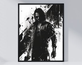Johnny Silverhand Cyberpunk 2077-poster: zwart-witte gamekamerkunst (digitale download)