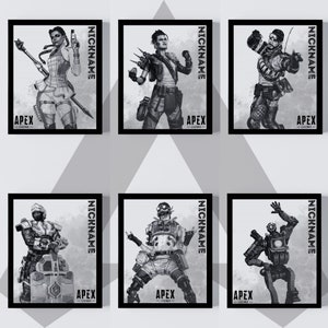 May include: Six black and white illustrations of characters from the video game Apex Legends. Each illustration is framed in a black square with the text "NICKNAME" and "APEX LEGENDS" in white.
