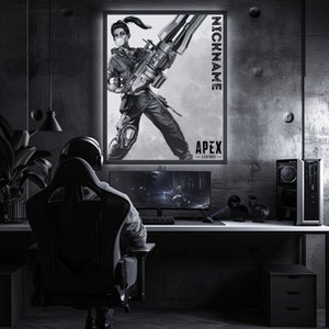 May include: A black and white illustration of a video game character holding a large weapon. The character is wearing a helmet and a mask. The image is set against a gray background with the text "NICKNAME" and "APEX LEGENDS" in white.