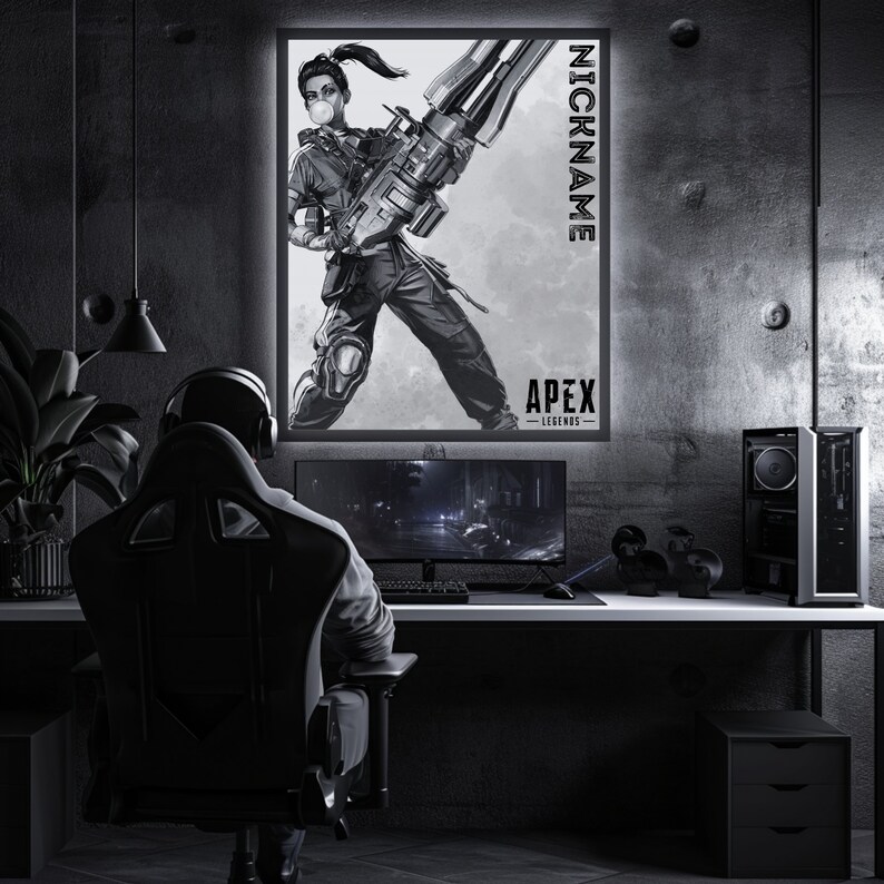 May include: A black and white illustration of a video game character holding a large weapon. The character is wearing a helmet and a mask. The image is set against a gray background with the text "NICKNAME" and "APEX LEGENDS" in white.