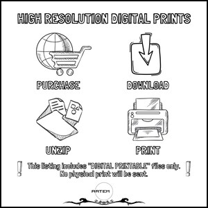 May include: A black and white illustration showing the steps to download and print a digital printable. The steps are: purchase, download, unzip, and print.