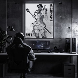 May include: A black and white illustration of a female video game character holding a gun and a staff. The character is wearing a white shirt, a black vest, and black trousers. The image is set against a dark background with the text "APEX LEGENDS" and "NICKNAME" in white.