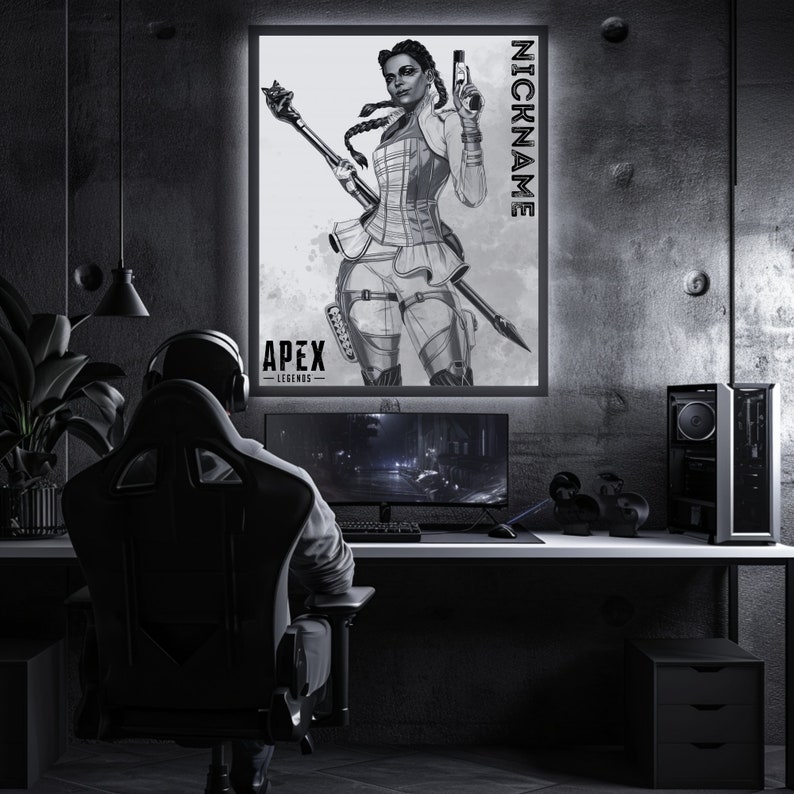 May include: A black and white illustration of a female video game character holding a gun and a staff. The character is wearing a white shirt, a black vest, and black trousers. The image is set against a dark background with the text "APEX LEGENDS" and "NICKNAME" in white.
