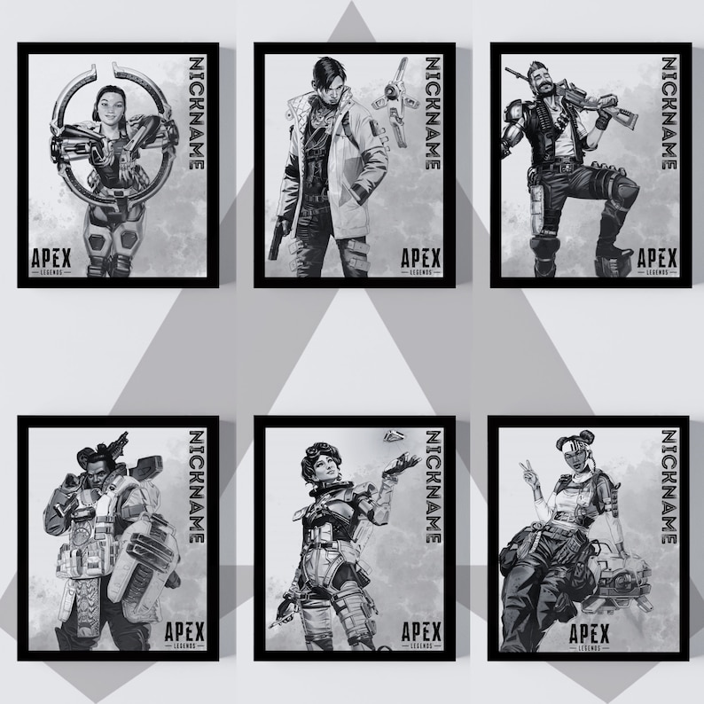 May include: Six black and white digital illustrations of characters from the video game Apex Legends. Each illustration features a different character with their name and the game's logo.