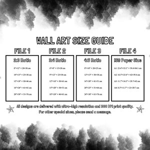 May include: A wall art size guide with four columns labeled "File 1", "File 2", "File 3", and "File 4". Each column lists different sizes in inches and centimeters for wall art prints. The guide also includes a section for ISO paper sizes with dimensions in inches and centimeters.
