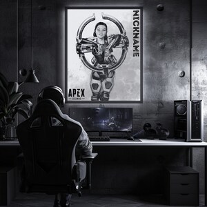May include: A black and white illustration of a female video game character from Apex Legends. The character is holding a gun and is standing in front of a circle. The text "NICKNAME" is written vertically on the right side of the image. The text "APEX LEGENDS" is written at the bottom of the image.