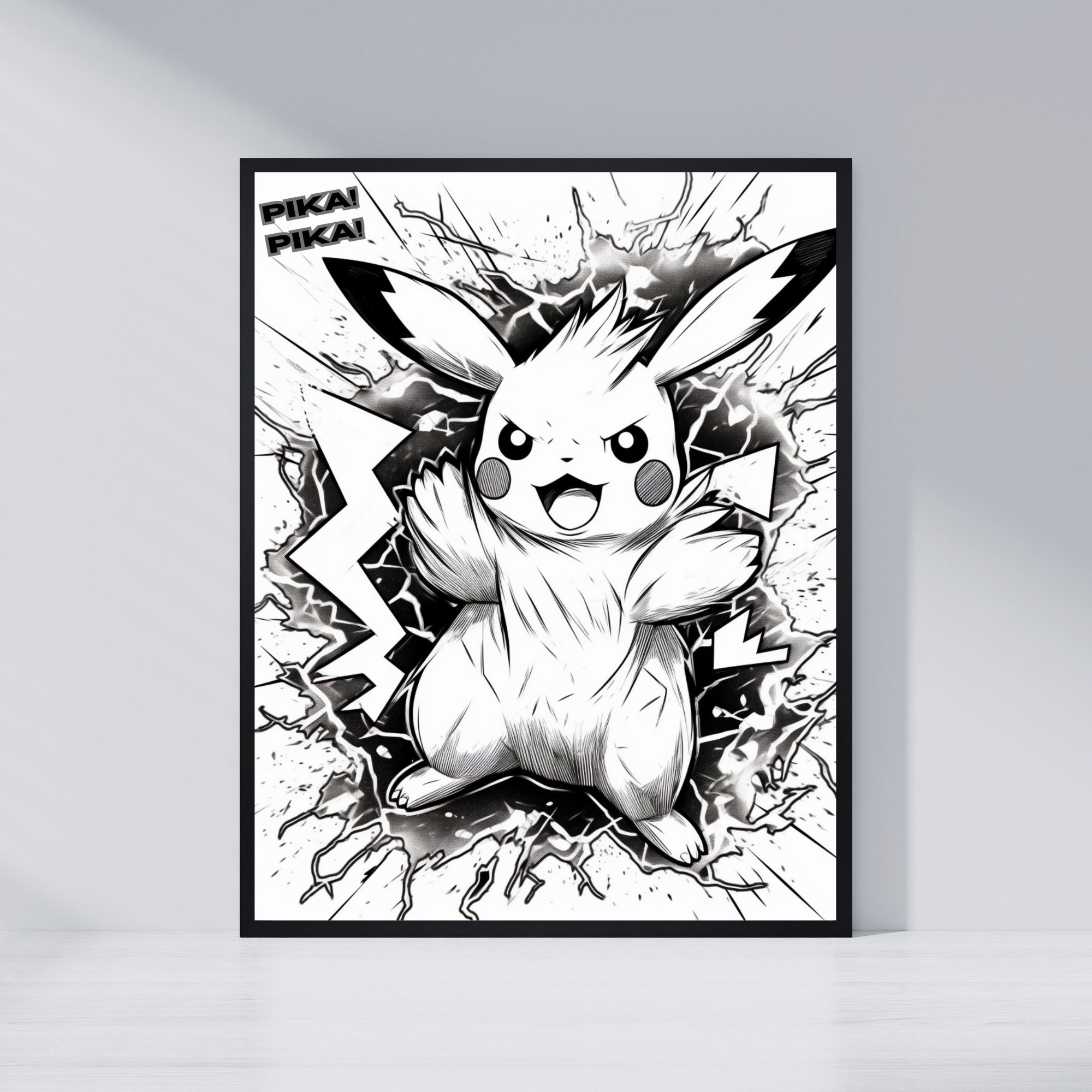 ポケモン、ピカチュウポスター、白黒スタイル、印刷可能なウォール
