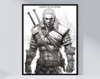 Póster de Geralt de Rivia: The Witcher, arte en blanco y negro (descarga digital)