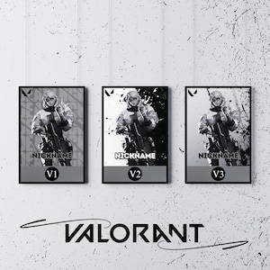 Op de afbeelding: Drie zwart-witte Valorant-personageprofielbanners met een grunge-achtergrond. De banners tonen een vrouwelijk personage dat een pistool vasthoudt. De tekst op de banners luidt "NICKNAME" en "V1", "V2" en "V3".