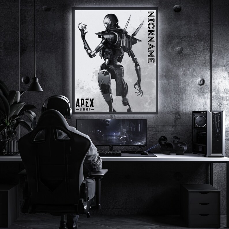 May include: A black and white illustration of a robot character from the video game Apex Legends. The character is standing with one arm raised and the other arm bent at the elbow. The character is wearing a helmet and has a backpack. The illustration is on a poster with the text "Apex Legends" and "NICKNAME" on it.