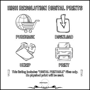 May include: A black and white illustration showing the steps to download and print a digital printable. The steps are: purchase, download, unzip, and print.