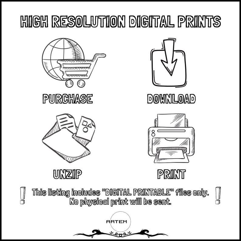 May include: A black and white illustration showing the steps to download and print a digital printable. The steps are: purchase, download, unzip, and print.
