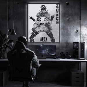 May include: A black and white illustration of a video game character from Apex Legends. The character is a cyborg with a gas mask and is holding a weapon. The text "NICKNAME" is written vertically on the right side of the image. The text "APEX - LEGENDS -" is written below the character.