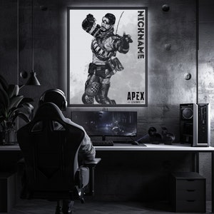 May include: A black and white illustration of a video game character from Apex Legends. The character is holding a weapon and has a determined expression on their face. The image is framed and hanging on a wall in a dark room.
