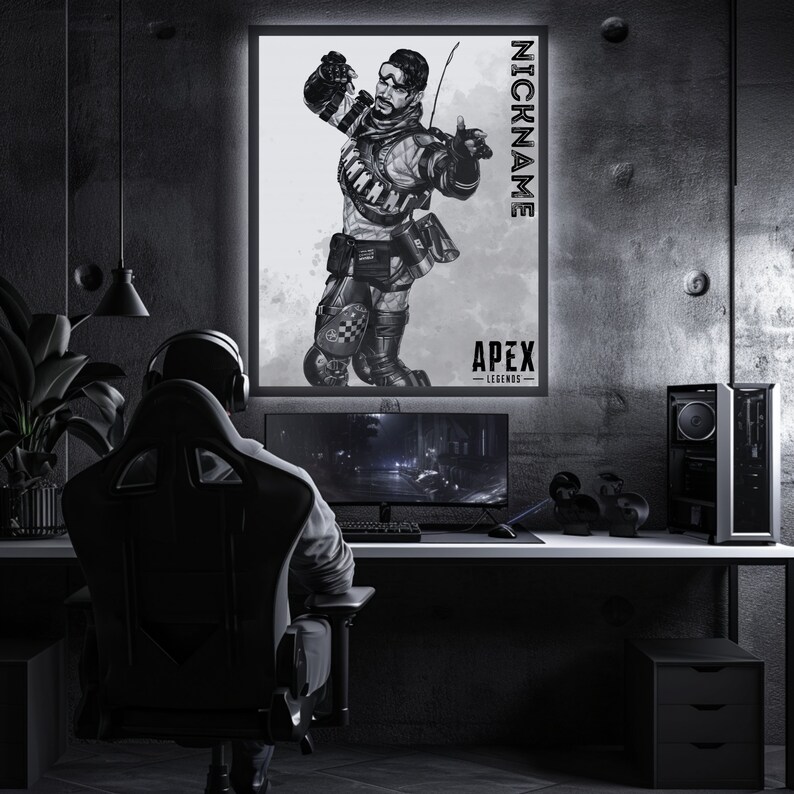 May include: A black and white illustration of a video game character from Apex Legends. The character is holding a weapon and has a determined expression on their face. The image is framed and hanging on a wall in a dark room.