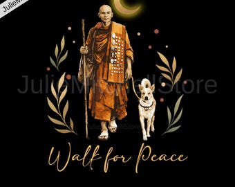 Walk for Peace PNG, Peace Advocate, Mindfulness Seekers, boeddhistische monnik sublimatieontwerp, maancyclus, hondenliefhebber zen meditatie kunst
