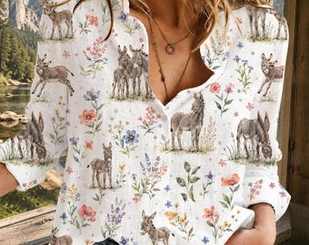 Floral Donkey Blouse  Shirt| Cottagecore Donkey Shirt | Rustic Farm Animal Top | Donkey Lover Gift For Women, Women's Casual Lightweight Top