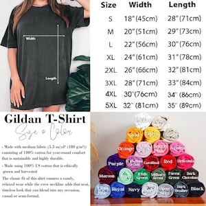 May include: A Gildan t-shirt size and color chart featuring a black t-shirt, a sizing table with measurements from 18 to 32 inches in width and 28 to 35 inches in length, and a pyramid stack of folded t-shirts in various colors.