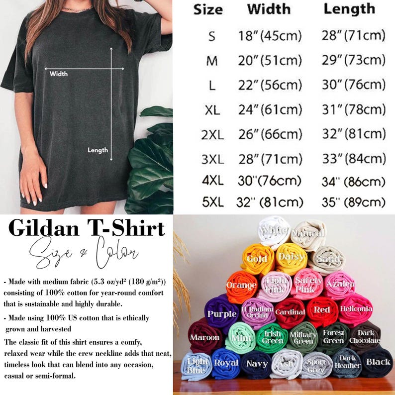 May include: A Gildan t-shirt size and color chart featuring a black t-shirt, a sizing table with measurements from 18 to 32 inches in width and 28 to 35 inches in length, and a pyramid stack of folded t-shirts in various colors.