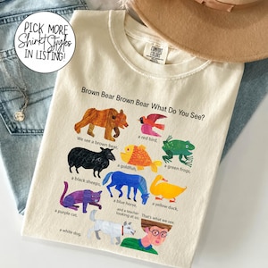 ブラウンベア ブラウンベア 何が見える？Tシャツ、子供向け絵本キャラクターアパレル、幼稚園の先生用Tシャツ、教室での読書用Tシャツ、本好きへのギフト