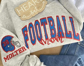 Personalized Embroidered Football Mom Sweatshirt | Custom Team Crewneck | Football Mom Helmet Shirt | Kids Name on Sleeve | Football Shirt