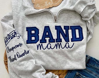 Band Mom Quarter Zip Pullover | Personalized Spirit Wear | Game Day Sweatshirt | Team Colors Glitter Zip | Band mom Custom Sleeve