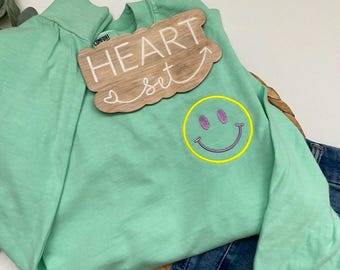 Neon Embroidered Happy Face Shirt | Comfort Colors T-Shirt | Custom Smile Shirt | Retro Happy Tee | Bright Aesthetic Embroidered Shirt