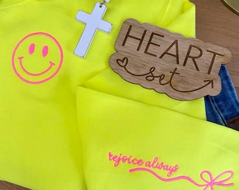 Personalized Embroidered Neon Smiley Face Sweatshirt | Custom Neon Crewneck | Summer Shirt | Smiley Face Sweatshirt | Custom Beach Crew