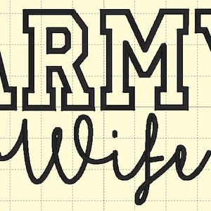 May include: Black outlined text on a light yellow background reads "ARMY Wife". The word "ARMY" is in a block letter style, while "Wife" is in a cursive script. The background has a grid pattern.