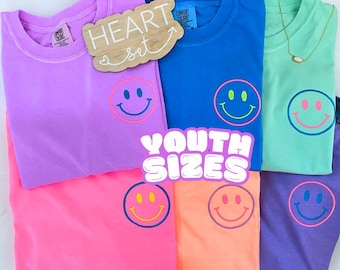 Neon Embroidered Happy Face Shirt | Comfort Colors T-Shirt | Custom Smile Shirt | Retro Happy Tee | Bright Aesthetic Embroidered Shirt