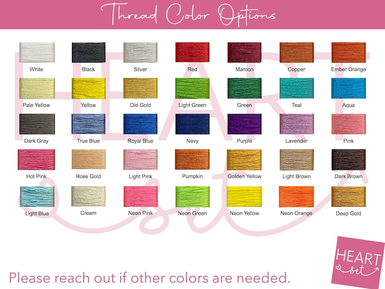 May include: A color chart displaying thread color options. The chart includes a variety of colors such as white, black, red, green, blue, pink, and yellow. The text "Thread Color Options" is at the top.