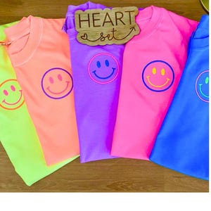Neon Embroidered Happy Face Shirt | Comfort Colors T-Shirt | Custom Smile Shirt | Retro Happy Tee | Bright Aesthetic Embroidered Shirt