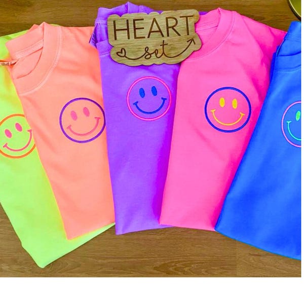 Neon Embroidered Happy Face Shirt | Comfort Colors T-Shirt | Custom Smile Shirt | Retro Happy Tee | Bright Aesthetic Embroidered Shirt