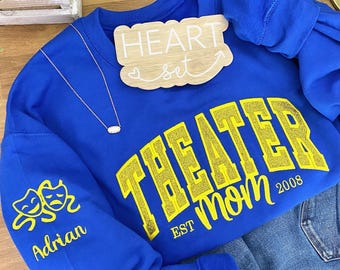 Personalized Embroidered Theater Mom Sweatshirt | Drama Mama Crewneck | Play Mom Shirt | with Kids Name on Sleeve | Custom Theater Shirt
